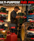 5GPM Cordless Fuel Transfer Pump With Auto Stop Valve 51 Inch Hose And Five Quick Connect Adapters for fueling machinery and vehicles.