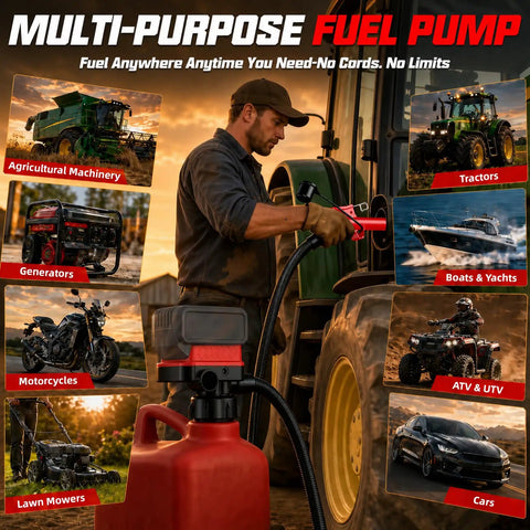 5GPM Cordless Fuel Transfer Pump With Auto Stop Valve 51 Inch Hose And Five Quick Connect Adapters for fueling machinery and vehicles.