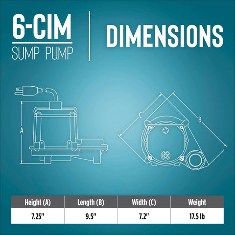 6-CIM-R 115V Submersible Sump Pump 1/3 HP 2750 GPH dimensions and weight chart, showing height, length, width, and weight