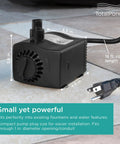 400 GPH Low Water Auto Shut Off Fountain Pump With LED Light for 3 To 5 Feet Fountains, compact design on tiled floor.