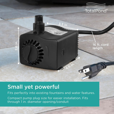 400 GPH Low Water Auto Shut Off Fountain Pump With LED Light for 3 To 5 Feet Fountains, compact design on tiled floor.