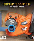 Close-up of lightweight PEX pipe and tubing cutter with soft molded handles and pierce point blade cutting blue tubing.