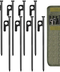 Heavy Duty Forged Steel Tent Stakes 8 Inch Kit With Storage Bag shown with 8 stakes and carry bag