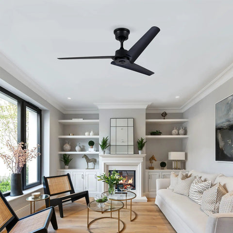 Neojoyoenix 52" Flush Mount & Rod ABS 3 Blades Ceiling Fan with Remote Control No Lights in modern living room setting.