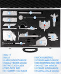 13 Piece Welding Measurement Toolbox Set Stainless Steel Weld Inspection Tools in case with gauges and rulers for corner welds.