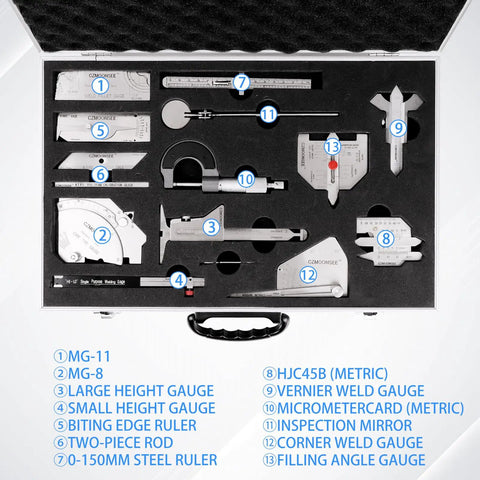 13 Piece Welding Measurement Toolbox Set Stainless Steel Weld Inspection Tools in case with gauges and rulers for corner welds.