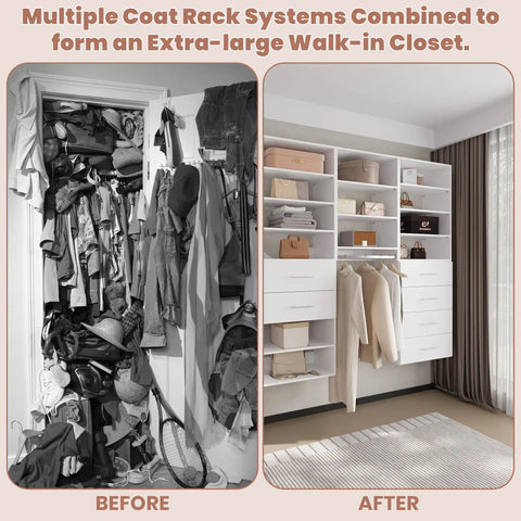 Before and after comparison of cluttered closet transforming into organized walk-in closet with shelves and drawers.
