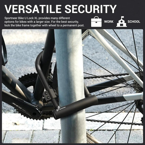 Heavy Duty Bike U Lock With 18mm Shackle And 6ft Security Cable For Road Mountain Electric And Folding Bikes, Portable Lock With Sturdy Mounting Bracket, Water Dust Scratch Resistant, Built Tough So You Can Lock Down Your Ride. U-lock securing bike frame and wheel to a post.