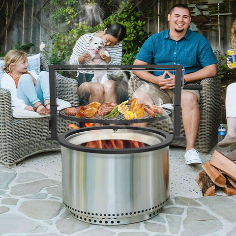 Santa Maria Style Rotisserie Rotating System for Solo Stove Yukon 27 Inch Smokeless Fire Pit in backyard grilling scene.