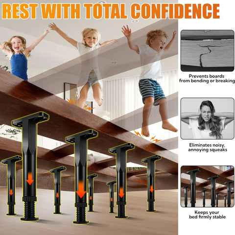 Ditch The Wobble With These 8 Adjustable Bed Support Legs providing stability under children jumping on a bed frame.