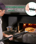 Man using Pro-Grade 9-Inch Perforated Pizza Peel With Long Detachable Handle For Rotating And Transferring Pizzas From Oven Or Grill