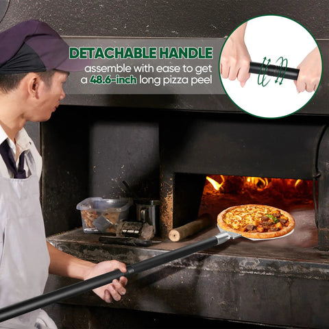 Man using Pro-Grade 9-Inch Perforated Pizza Peel With Long Detachable Handle For Rotating And Transferring Pizzas From Oven Or Grill