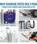 Heavy Duty Electric Stair Climbing Hand Truck With Power Lift Platform Handling All The Heavy Work So You Ride Easy Hauling Up To Three Seventy Five Pounds Across Floors Or Up Flights Of Stairs Smoothly features rechargeable battery, adjustable handle, wire controller, edge brake system, and foldable outrigger.