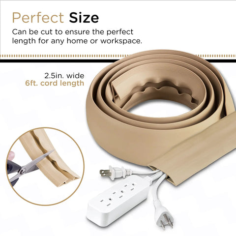 6Ft Floor Cord Cover Cable Protector with tan finish and split-bottom design shown with power strip and scissors for sizing