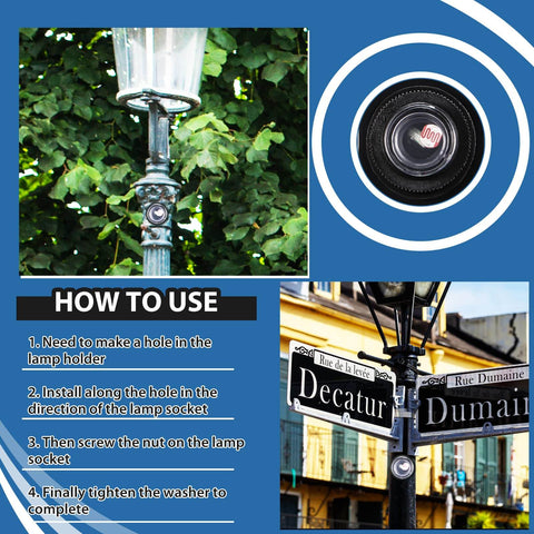 Dusk To Dawn Sensor For Outdoor Lighting 120 To 277V Photoelectric Switch on post, close-up, and instruction steps.