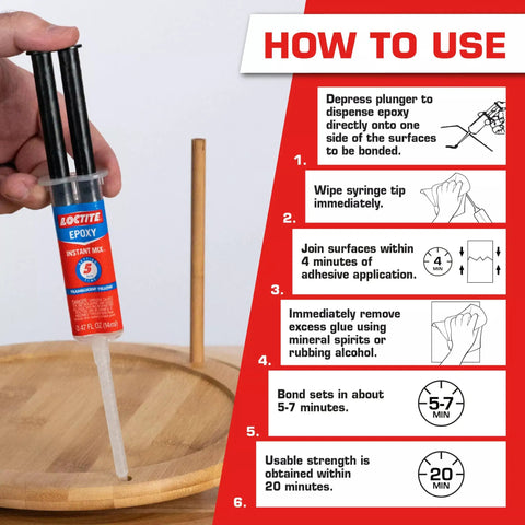 Person using Epoxy Instant Mix Bonding Kit Translucent Yellow 0.47 Fl Oz Syringe Six Pack Quick Five Minute Set instructions.