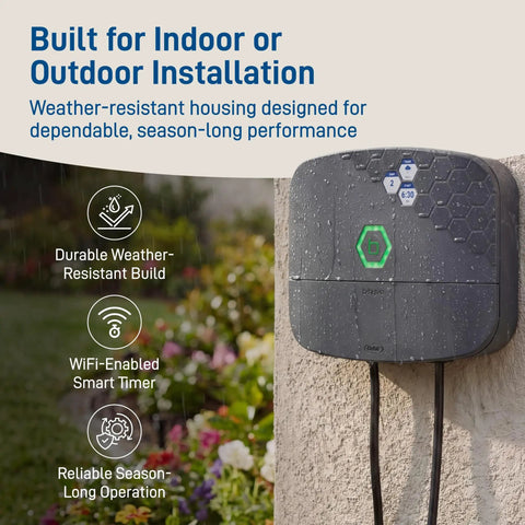 B-hyve XR 8 Zone Smart Sprinkler Timer With WiFi App Control mounted outdoors, showcasing weatherproof design on brick wall.