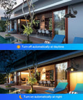 Day and night view of a poolside veranda with Dusk to Dawn Exterior Barn Light With Gooseneck Design For Farmhouse Homes Outdoor Lighting.