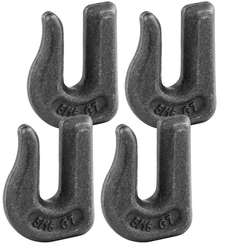 Four 5/16 Inch Weld-On Grade 70 Grab Hooks for flatbed trailers and tractors, shown with 4.700 WLL and 16,500 lbs breaking strength.