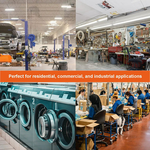 Collage depicting various industrial and commercial settings suitable for heavy duty 20 Amp 250 Volt NEMA 6-20 duplex receptacles.