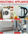 Image showing unsuitable appliances for Ultra Tough Outdoor Extension Cord 100 Ft 16 AWG 10A 1250W 125V SJTW, including washer, kettle, heater, vacuum.