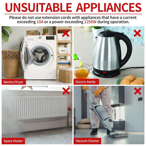 Image showing unsuitable appliances for Ultra Tough Outdoor Extension Cord 100 Ft 16 AWG 10A 1250W 125V SJTW, including washer, kettle, heater, vacuum.