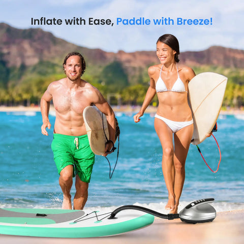Couple on beach with surfboards near electric inflatable paddle board pump 12V car connector 3.3 ft hose for SUPs boats rafts.