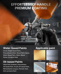 Professional Grade HVLP Spray Gun Kit Featuring Built Tough Stainless Steel Flow Channel And Precision Nozzles For Crisp Atomization Zero Drama And Flawless Auto Finishes spraying orange paint on a surface with accessories in the background.