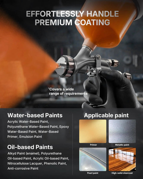 Professional Grade HVLP Spray Gun Kit Featuring Built Tough Stainless Steel Flow Channel And Precision Nozzles For Crisp Atomization Zero Drama And Flawless Auto Finishes spraying orange paint on a surface with accessories in the background.