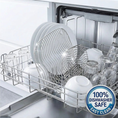 Solid Heavy Duty Two Piece Stainless Steel Crisper Rack Compatible With Ninja Crispi Air Fryer FN101 And AS101 Upgraded Grill Lifter For Four Quart Bowl And Six Cup Container Real Sweet Deal Everyday Cooking in a dishwasher with dishes.