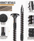 Close-up of Heavy Duty Wood Screws No 14 By 2-7/8 Inch Star Drive Deck Screws For Outdoor Projects Rust Resistant Black Ruspert Coated
