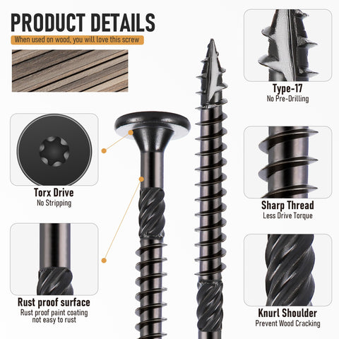 Close-up of Heavy Duty Wood Screws No 14 By 2-7/8 Inch Star Drive Deck Screws For Outdoor Projects Rust Resistant Black Ruspert Coated