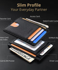 Dead Simple Minimalist Front Pocket Leather Wallet With Secure RFID Blocking For Men And Women Hella Slim Everyday Carry Low Build Cash And Card Organizer Cross Black Finish open showing card slots and cash pocket