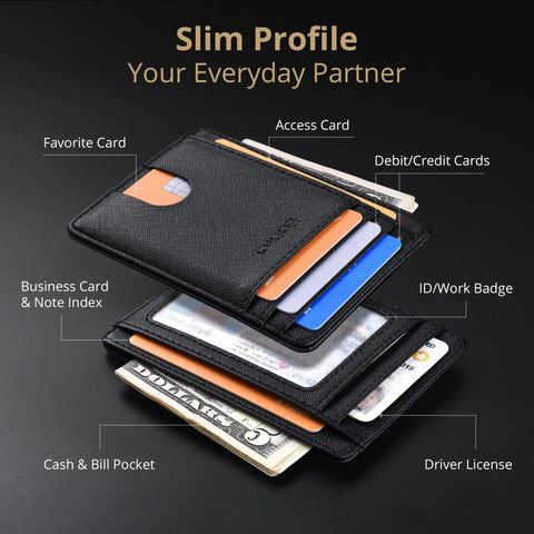 Dead Simple Minimalist Front Pocket Leather Wallet With Secure RFID Blocking For Men And Women Hella Slim Everyday Carry Low Build Cash And Card Organizer Cross Black Finish open showing card slots and cash pocket