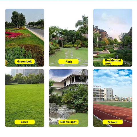 Collage of outdoor areas including green belt, park, residential area, lawn, scenic spot, and school track, showcasing various landscapes.