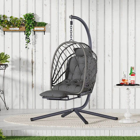 Outdoor Egg Swing Chair With Stand And Footrest, cozy patio hanging rocking chair with cushion, durable metal frame, dark gray.