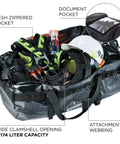Arsenal 5030L Large Tarpaulin Water Resistant Duffel Bag With Removable Shoulder Straps showing open top with gear inside.