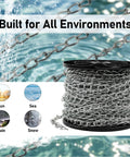 Heavy Duty Steel Hanging Chain 130 Ft Long 2 mm Thick For Outdoor Use Garden And Camping Utility Chain spool with water and weather icons