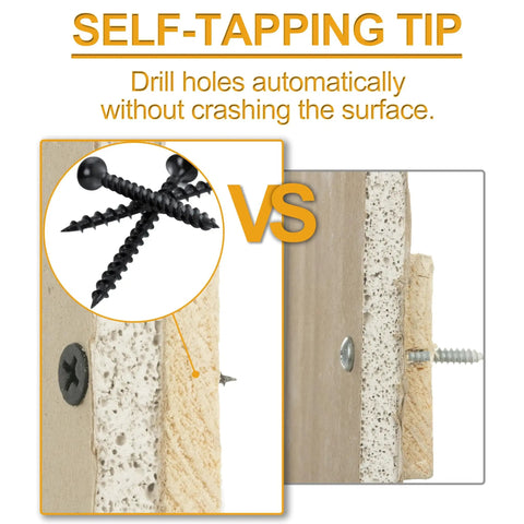 Comparison of drywall screws installation showing self-tapping tip benefit for Drywall Screws Assortment Kit With Black Wood Screws For Sheetrock 165-Piece Phillips Coarse Thread Set In 4 Sizes 1 In 1-1/4 In 1-5/8 In 2 In Rust Resistant Galvanized Finish Great For Framing Picture Hanging Art And DIY Projects.