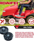 605512 Idler Pulley And 604219 Pulley Kit for Hustler 52 and 42 inch mowers with icons of tools, gear, and protection symbol