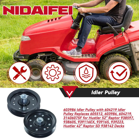 605512 Idler Pulley And 604219 Pulley Kit for Hustler 52 and 42 inch mowers with icons of tools, gear, and protection symbol