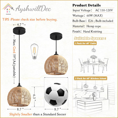 Top Tier Hand Woven Wicker Pendant Lights Trio boasts a natural rattan dome shell, 8.7" wide, ideal for kitchen use.