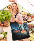 Woman with Desert Cowboy Style Insulated Cooler Tote at market, large capacity thermal bag for shopping, picnics, beach trips, and camping.