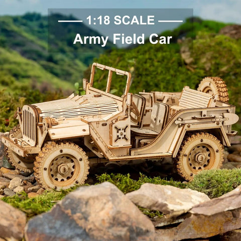 One Eighteen Scale Mechanical Car Puzzle Kit for Adults, DIY Wooden Model Vehicle Kit, Brain Teaser Toy, Army Field Car, Perfect Gift for Guys and Gals on Birthday or Christmas. 1:18 scale wooden Army Field Car