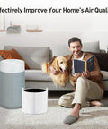 Man sitting with dog next to air purifier, showcasing 2 Pack Replacement Filters For Blue Pure 411i Max, 411a Max, and F4MAX Air Purifier