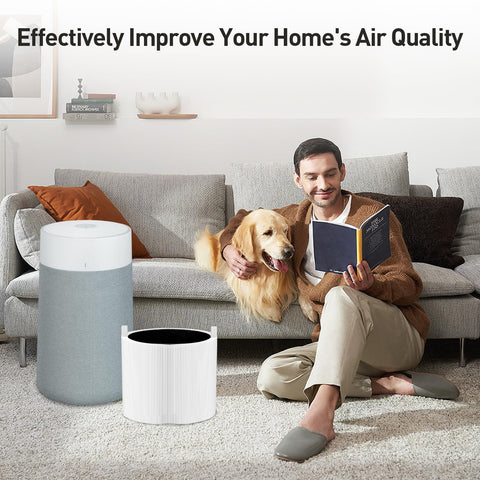 Man sitting with dog next to air purifier, showcasing 2 Pack Replacement Filters For Blue Pure 411i Max, 411a Max, and F4MAX Air Purifier