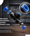 Get This Awesome QITUO 60 Pc Air Fitting Kit With Fast Push To Connect Design For Compressors And Pneumatic Tools In 8 Sizes Including 1/4 inch And Metric Options To Make Your Job Much Easier black and blue push-to-connect fitting with exploded seal parts