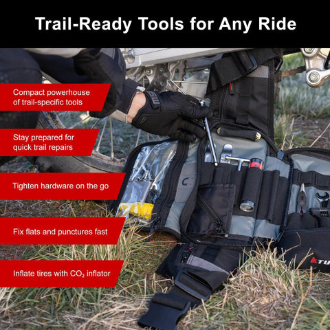 Compact Must Have Trail Saver Tool Kit With Fanny Pack or Tri Fold Case in use on rugged trail