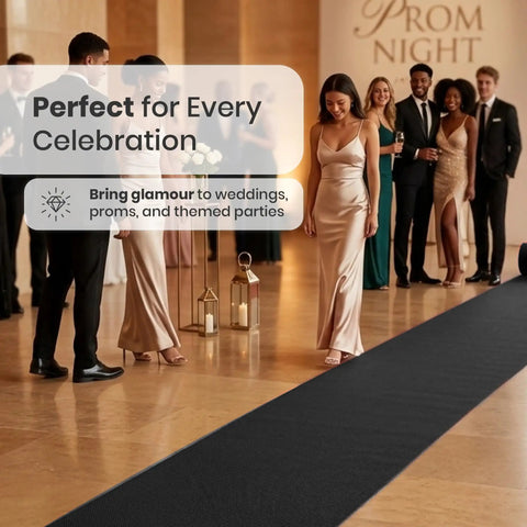 Black Carpet Floor Runner 2.6x30 Feet With Pre Attached Double Sided Tape for elegant indoor events with people walking