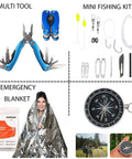 All In One 67 Piece 14 In 1 Outdoor Survival Gear Kit with multi tool, fishing kit, emergency blanket, and compass shown.